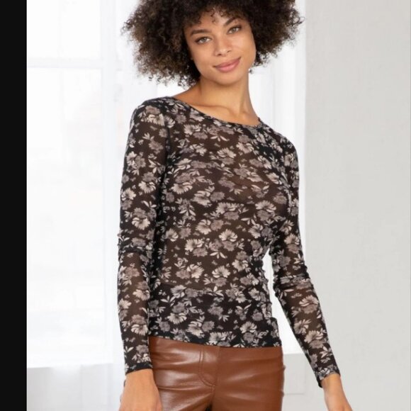 Lovestitch NWT Daisy Floral Mesh Transparent Black Top Long Sleeve Sz L - Picture 1 of 9